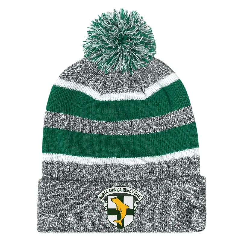 Camping hiking trail peace-Santa Monica Rugby Club Hooped Knit Fold Over Pom-Pom Beanie