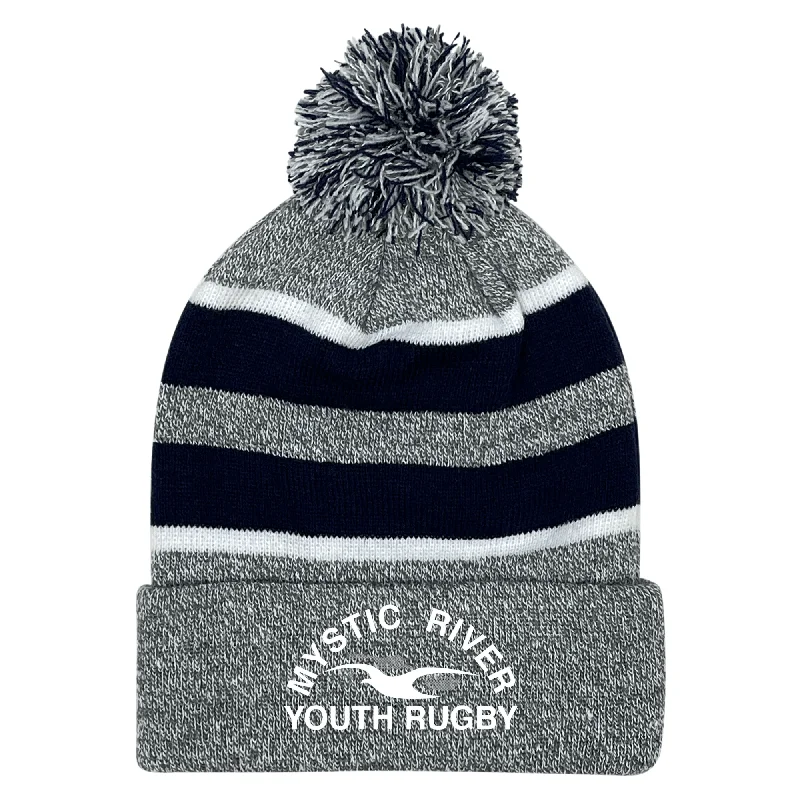 Camping hiking trail perks-Mystic River Youth Rugby Hooped Pom-Pom Beanie