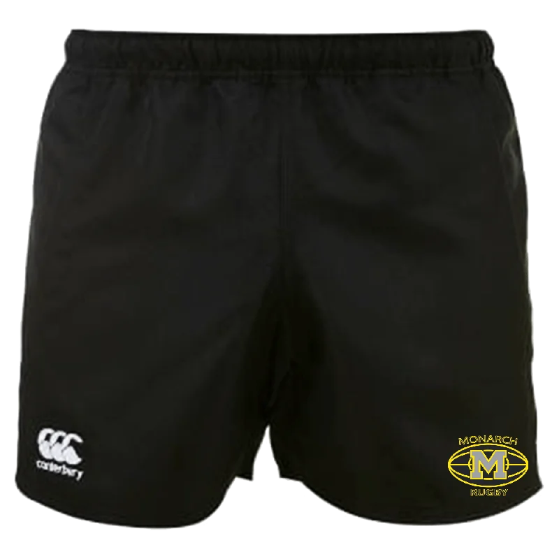 Camping hiking trail tough-Monarch Rugby Canterbury Black Professional Polyester Pocketed Rugby Shorts