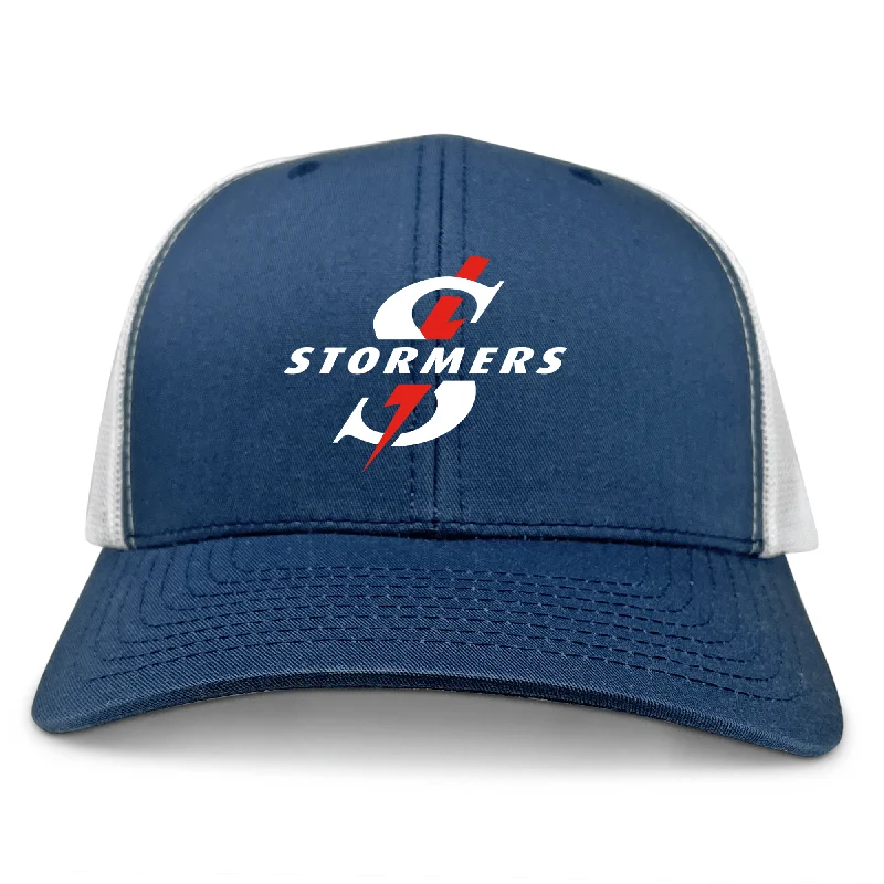 Camping hiking gear pulls-Stormers Text Logo Retro Trucker Cap