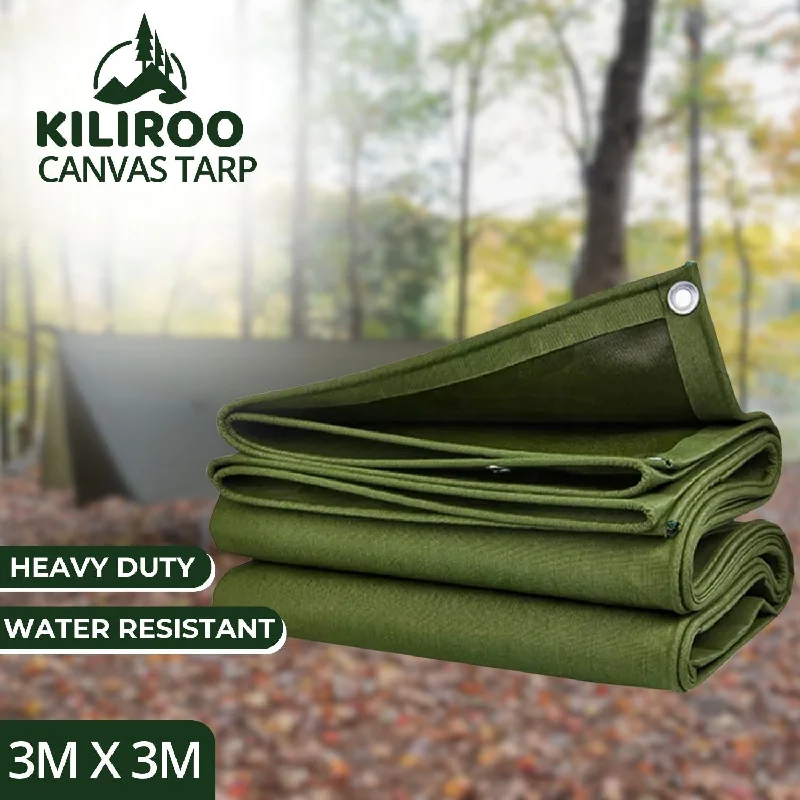 compact camping signal holders-KILIROO 3X3m Heavy Duty Waterproof Sun Blocked Dustproof Canvas Tarp Army Green