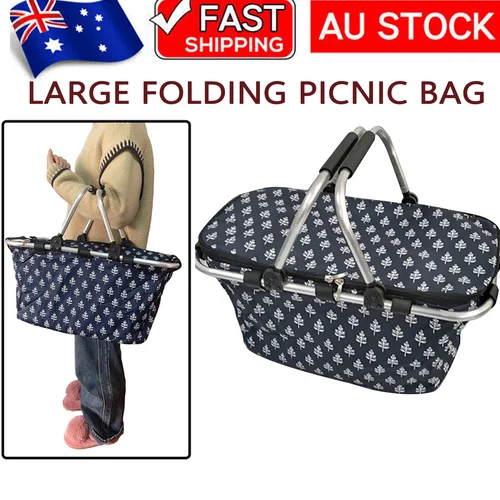 breathable camping sleep bases-Large Folding Picnic Bag Basket Hamper Camping Hiking Insulated Lunch Cooler Bag