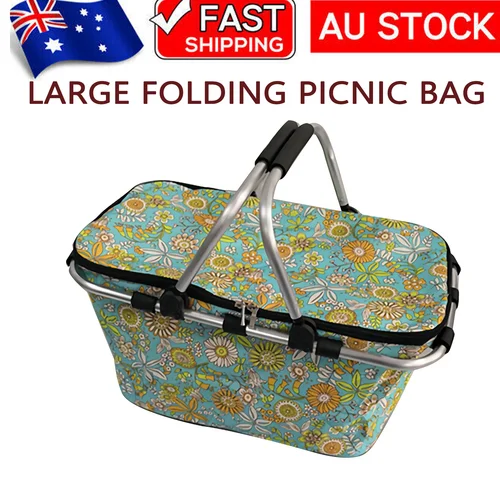 portable camping solar bins-Large Folding Picnic Bag Basket Hamper Camping Hiking Insulated Lunch Cooler Bag