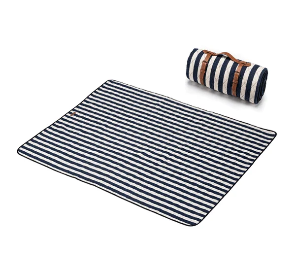 portable camping coffee holders-Washable Picnic Mat - Urban Modern - Leather Handle Design (Blue & White Stripe)